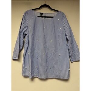 Talbots Blouse Womens XL Blue White Striped Excellent Pearl Embellished Cotton